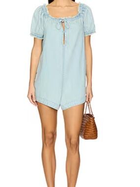 We The Free Light Blue Denim Romper with Frayed Trim